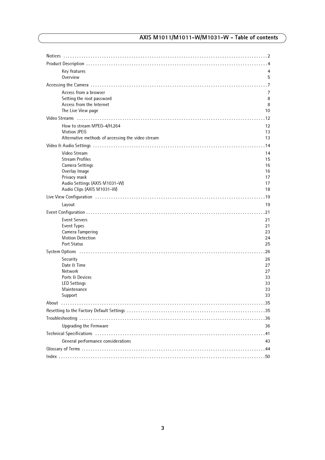 Axis Communications M1031W, 1011W user manual Axis M1011/M1011-W/M1031-W Table of contents 