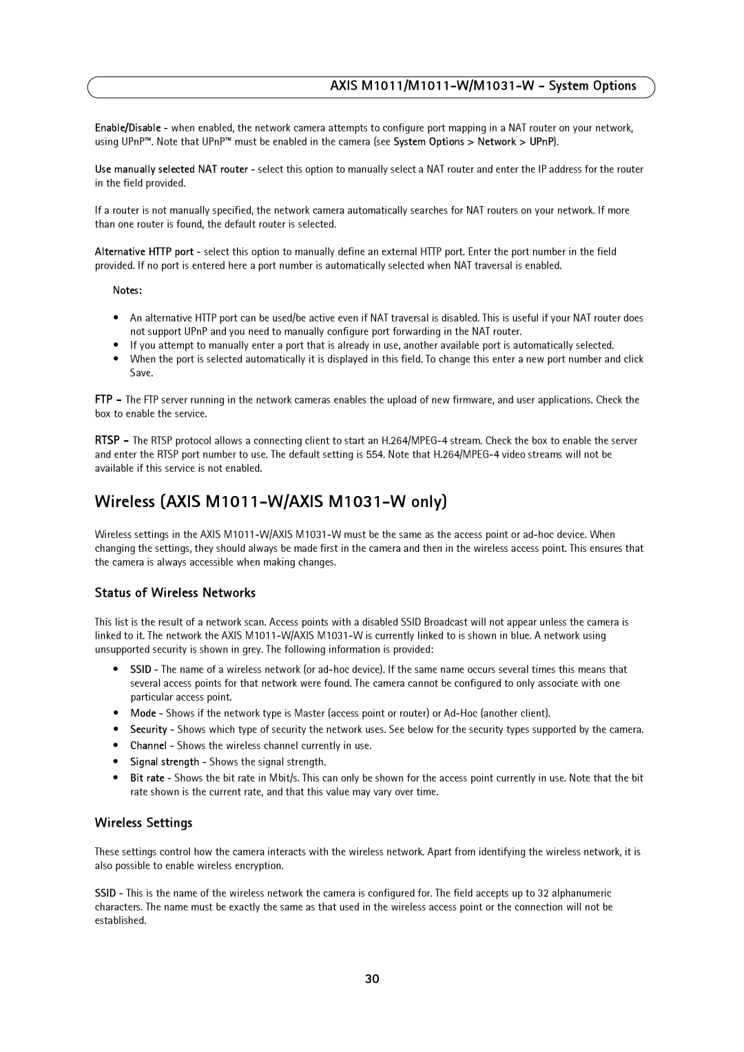 Axis Communications M1031W, 1011W Wireless Axis M1011-W/AXIS M1031-W only, Status of Wireless Networks, Wireless Settings 