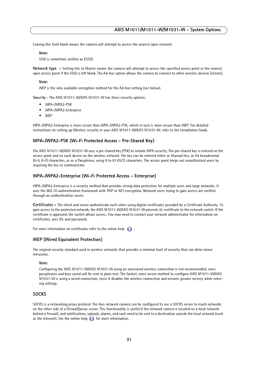 Axis Communications M1011, M1031W WPA-/WPA2-PSK Wi-Fi Protected Access Pre-Shared Key, WEP Wired Equivalent Protection 