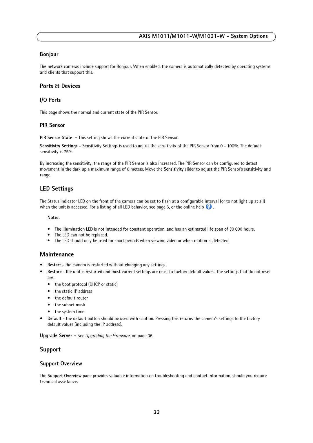 Axis Communications M1031W, M1011, 1011W user manual Ports & Devices, LED Settings, Maintenance, Support 
