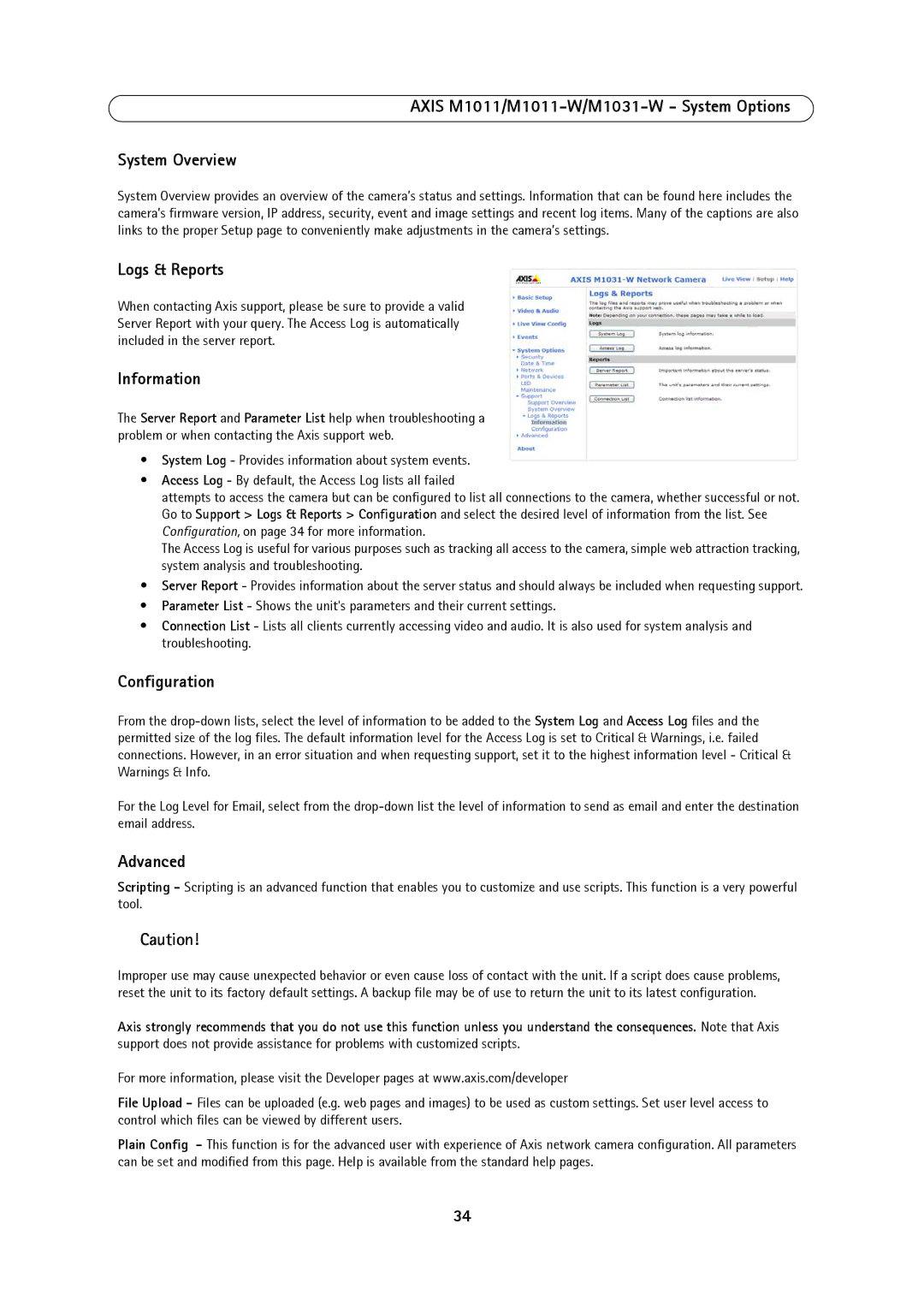 Axis Communications Axis M1011/M1011-W/M1031-W System Options System Overview, Logs & Reports, Information, Advanced 