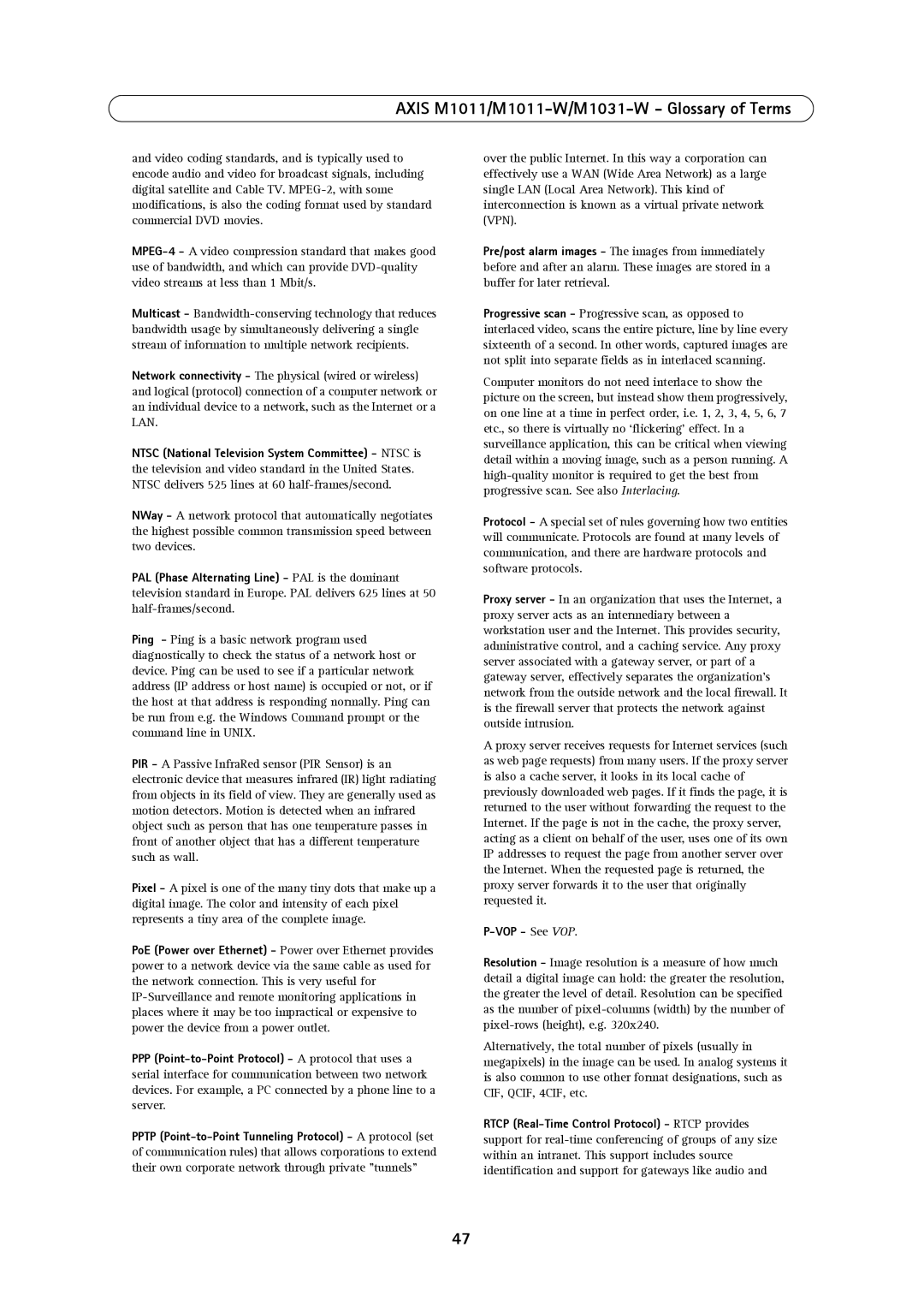 Axis Communications 1011W, M1031W, M1011 user manual VOP See VOP 