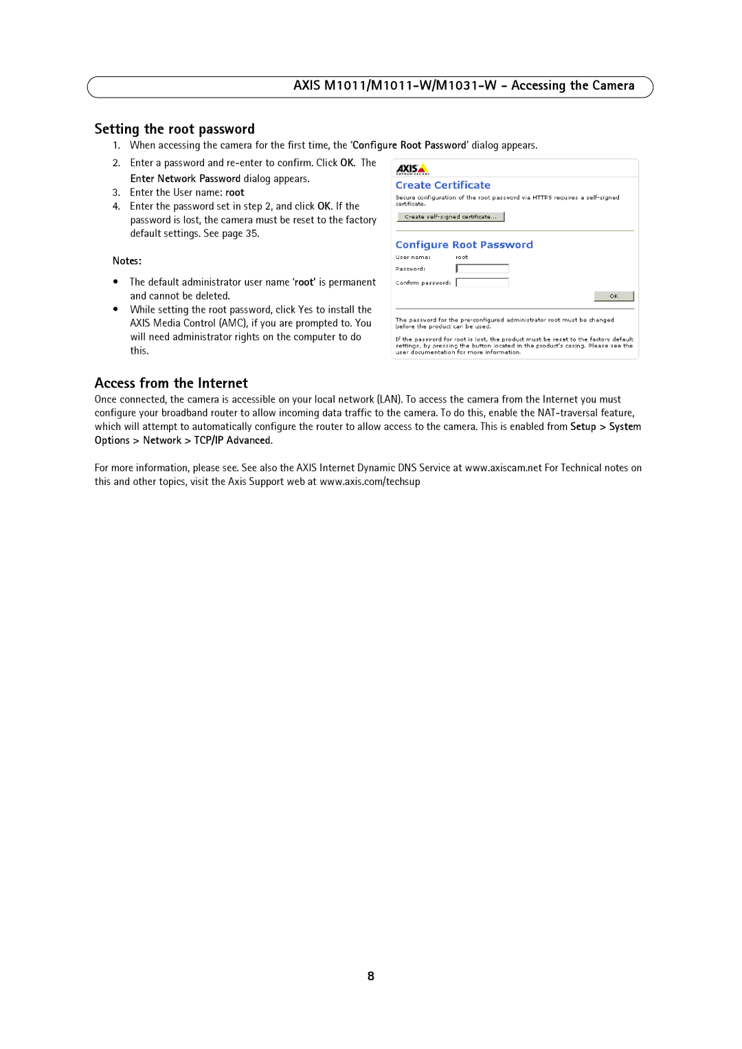 Axis Communications 1011W, M1031W, M1011 user manual Setting the root password, Access from the Internet 