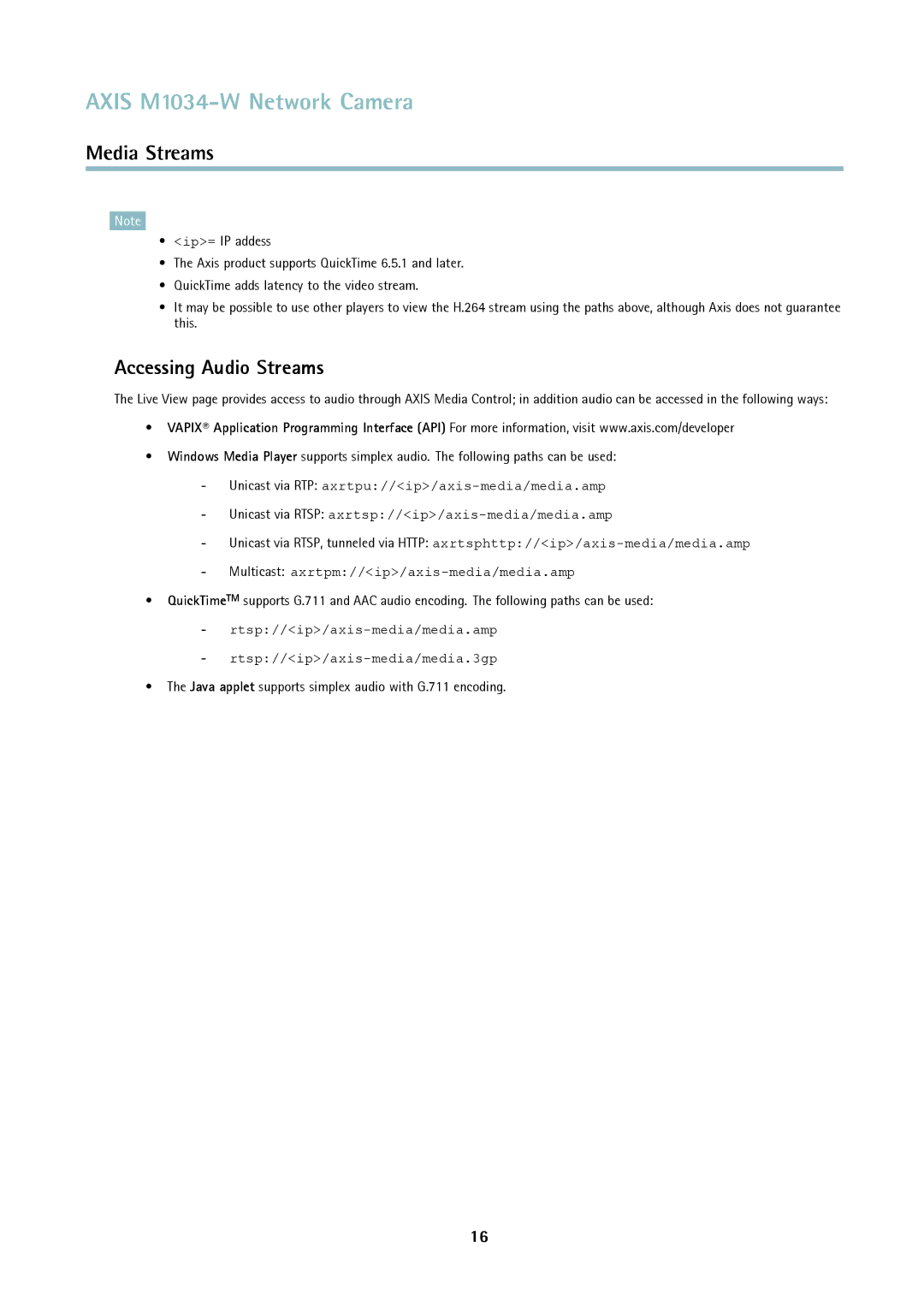 Axis Communications M1034-W user manual Accessing Audio Streams, Java applet supports simplex audio with G.711 encoding 