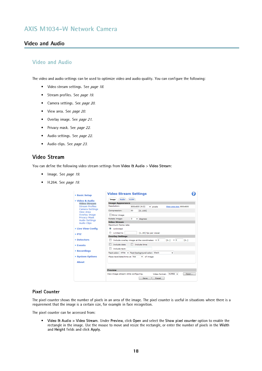 Axis Communications M1034-W user manual Video and Audio, Video Stream, Pixel Counter 