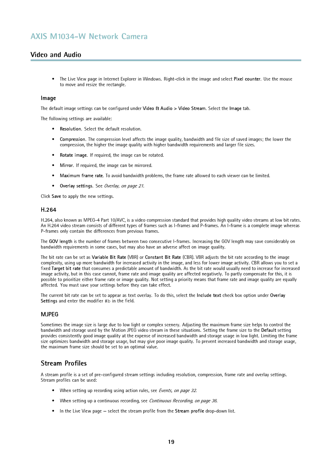 Axis Communications M1034-W user manual Stream Proﬁles, Image, 264, Click Save to apply the new settings 