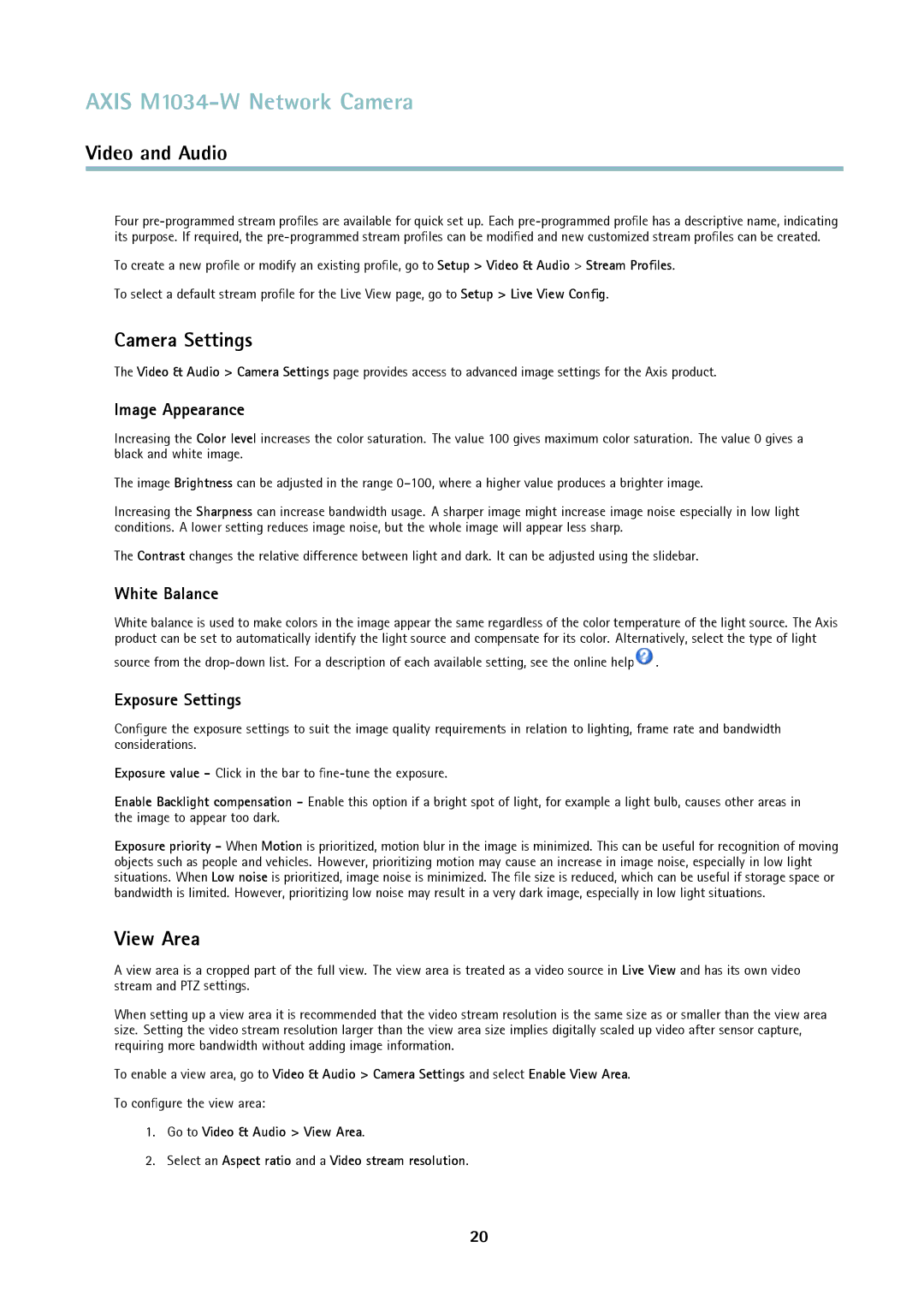 Axis Communications M1034-W user manual Camera Settings, View Area, Image Appearance, White Balance, Exposure Settings 