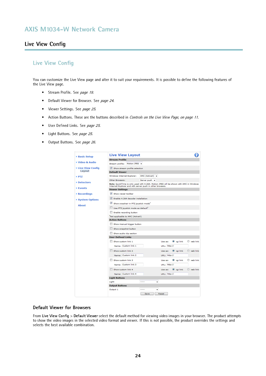 Axis Communications M1034-W user manual Live View Conﬁg, Default Viewer for Browsers 