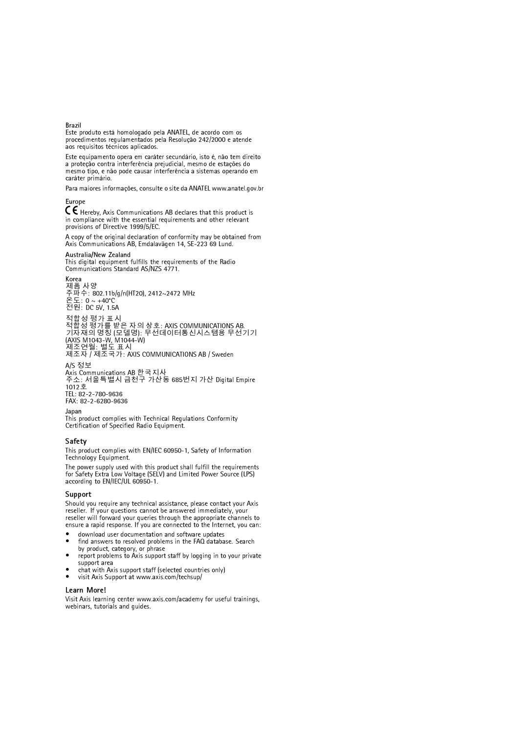 Axis Communications M1034-W user manual Safety, Support, Learn More 