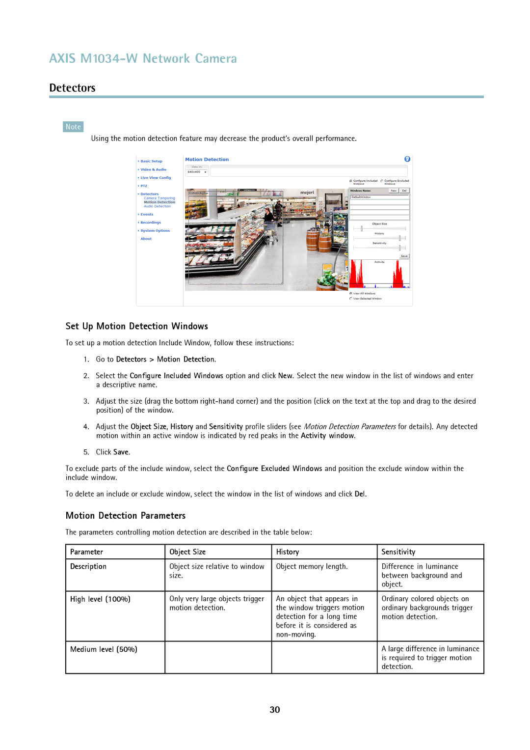 Axis Communications M1034-W user manual Set Up Motion Detection Windows, Motion Detection Parameters 