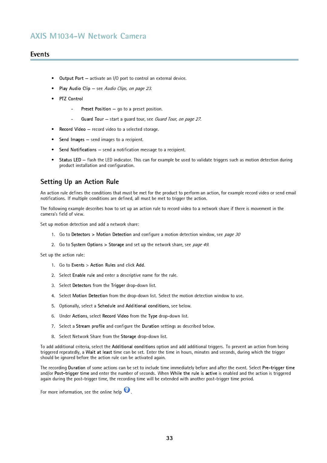 Axis Communications M1034-W user manual Setting Up an Action Rule, PTZ Control 