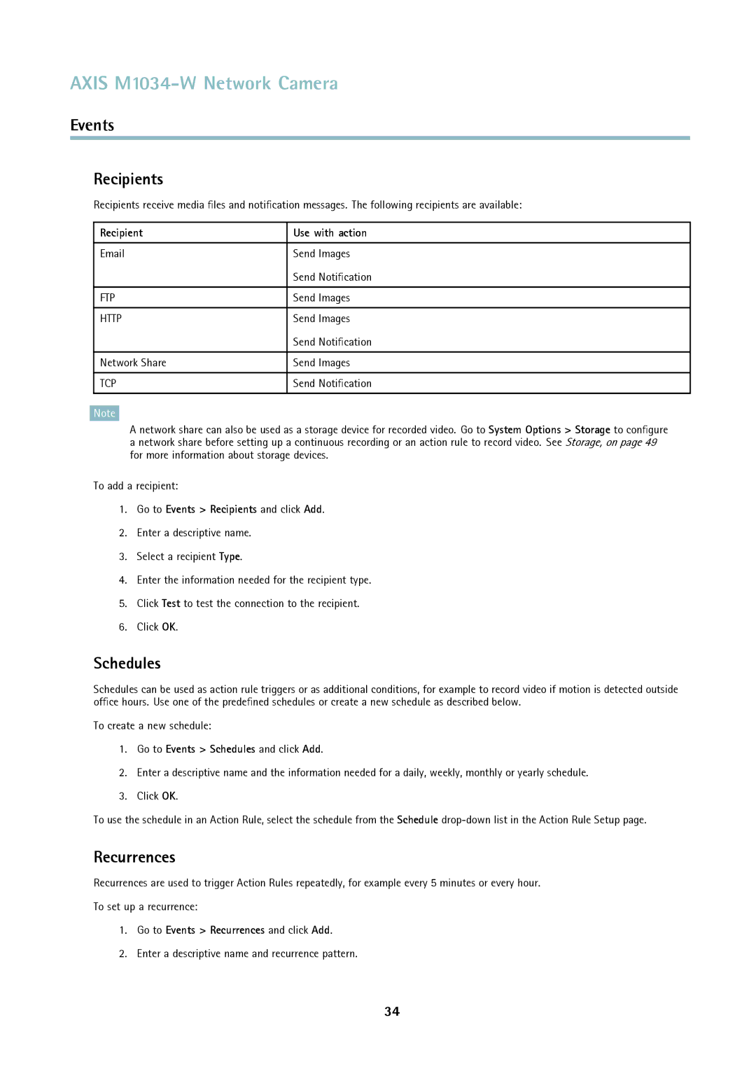 Axis Communications M1034-W user manual Recipients, Schedules, Recurrences 