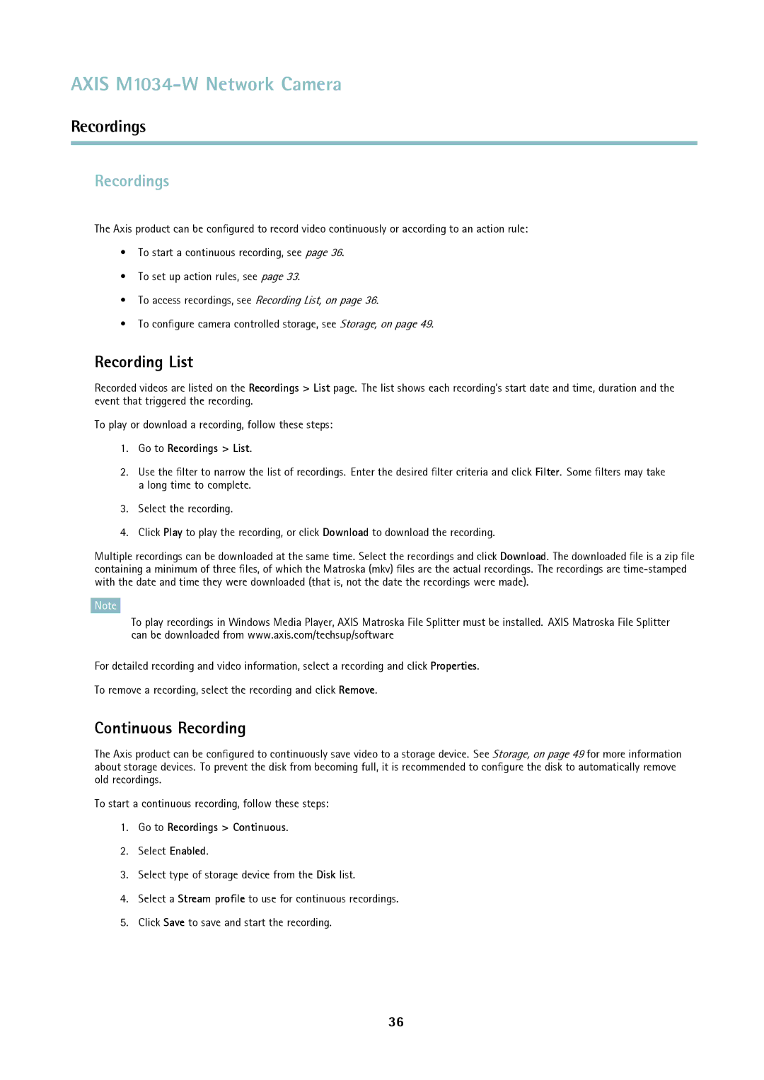 Axis Communications M1034-W user manual Recordings, Recording List, Continuous Recording 