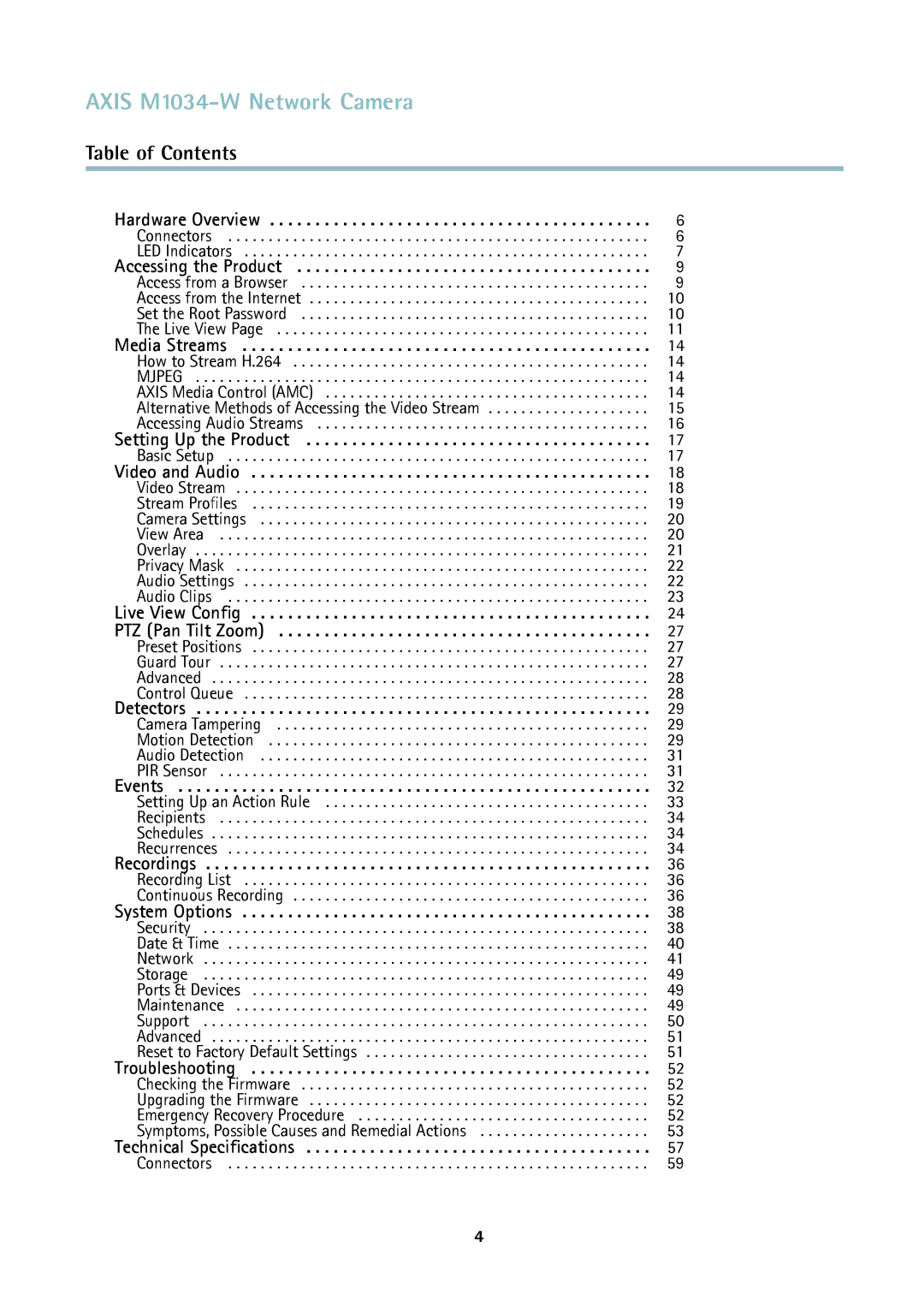 Axis Communications user manual Axis M1034-W Network Camera, Table of Contents 