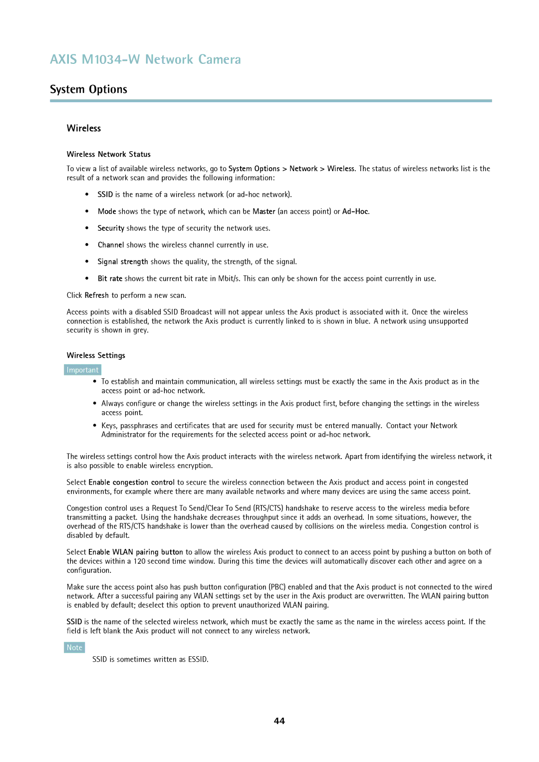 Axis Communications M1034-W user manual Wireless Network Status, Wireless Settings 