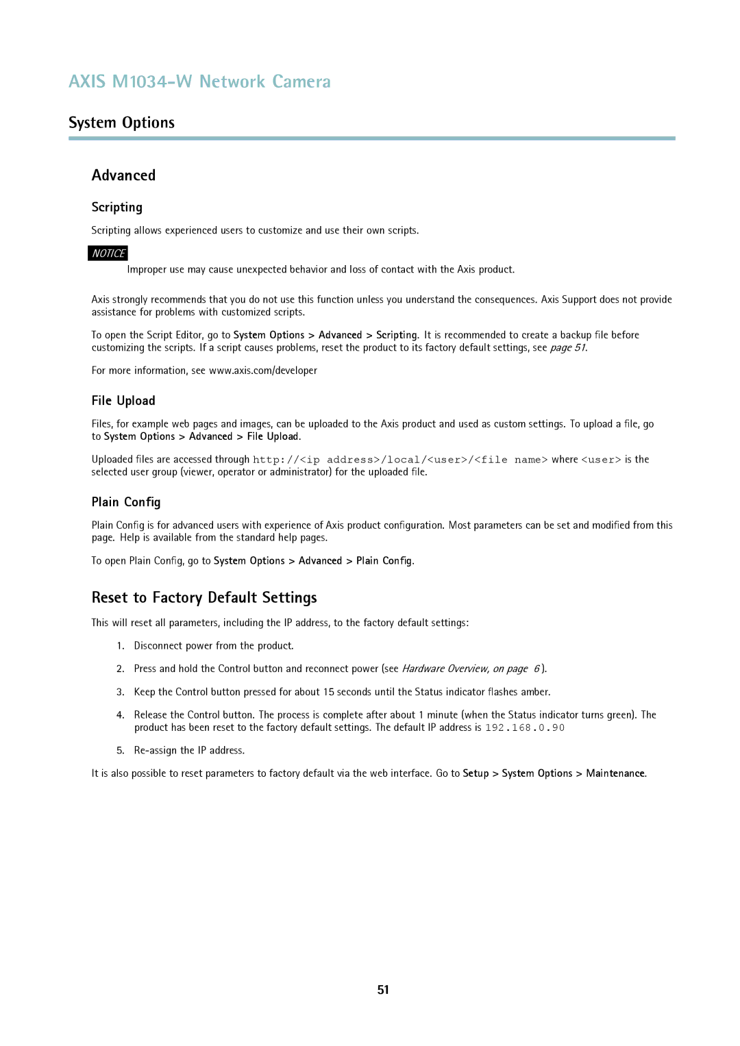 Axis Communications M1034-W user manual Reset to Factory Default Settings, Scripting, File Upload, Plain Conﬁg 