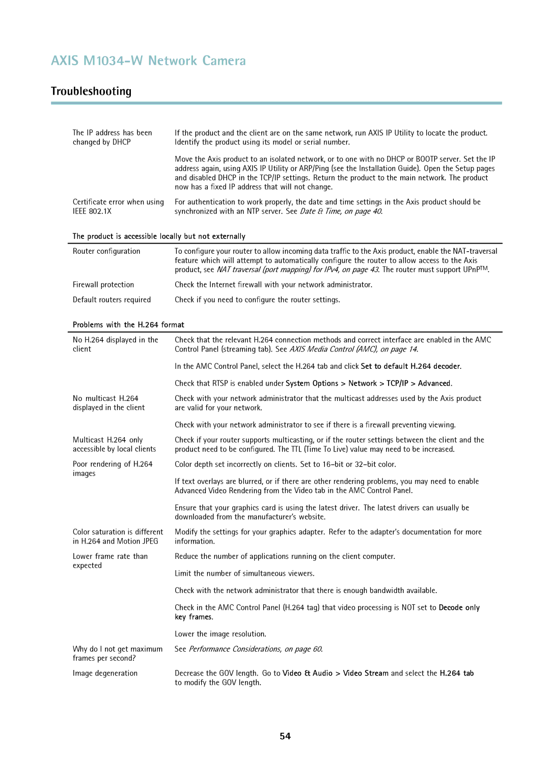 Axis Communications M1034-W user manual Product is accessible locally but not externally, Problems with the H.264 format 