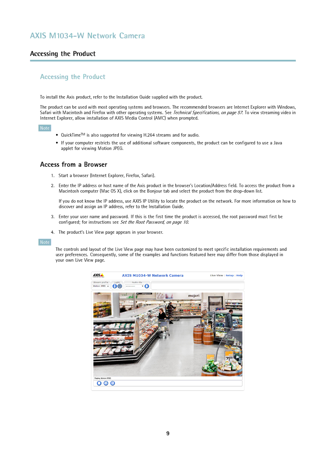 Axis Communications M1034-W user manual Accessing the Product, Access from a Browser 