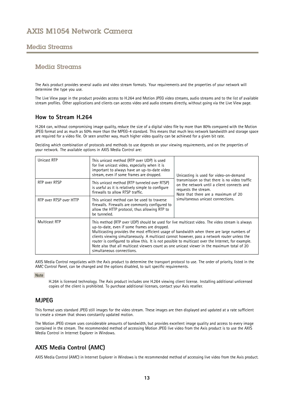 Axis Communications M1054 user manual Media Streams, How to Stream H.264, Axis Media Control AMC 