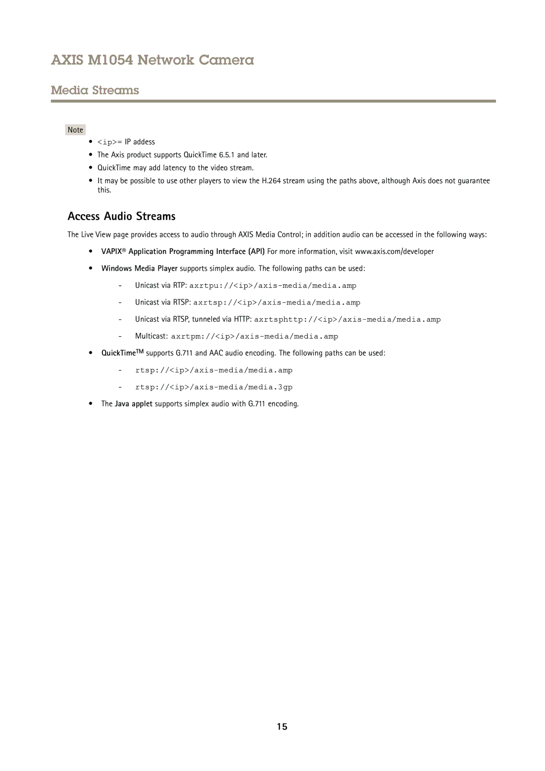 Axis Communications M1054 user manual Access Audio Streams, Java applet supports simplex audio with G.711 encoding 