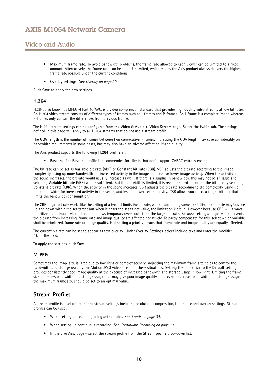 Axis Communications M1054 user manual Stream Profiles, 264, Click Save to apply the new settings 