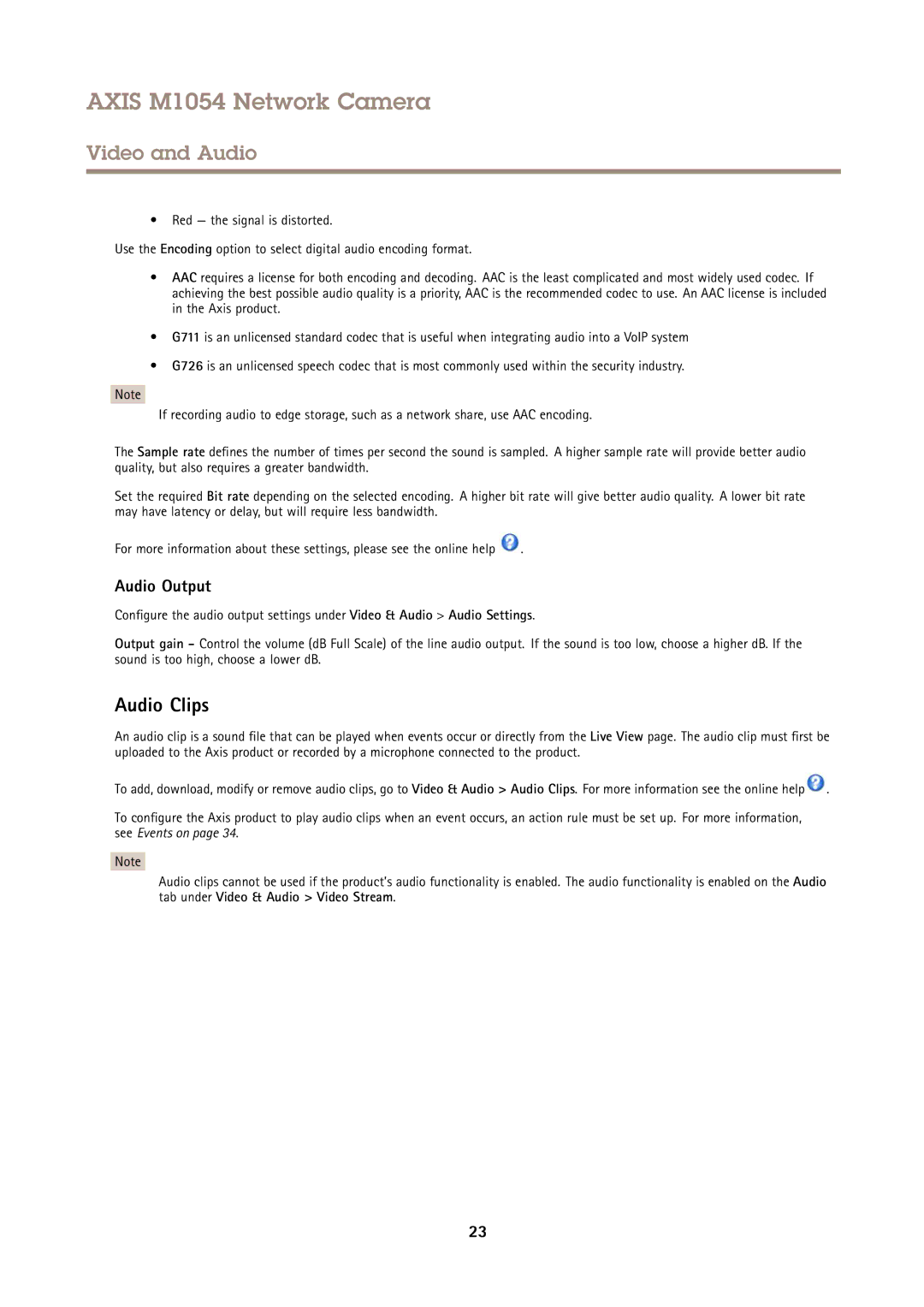 Axis Communications M1054 user manual Audio Clips, Audio Output 