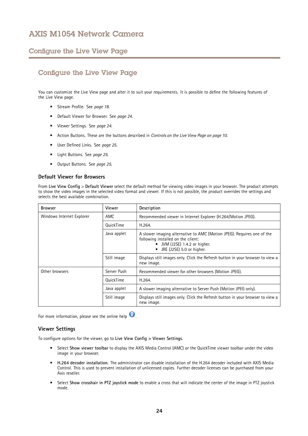 Axis Communications M1054 user manual Configure the Live View, Default Viewer for Browsers, Viewer Settings 