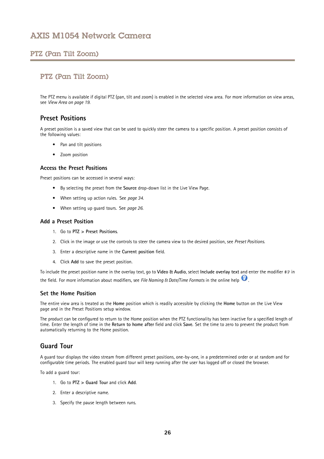 Axis Communications M1054 user manual PTZ Pan Tilt Zoom, Preset Positions, Guard Tour 