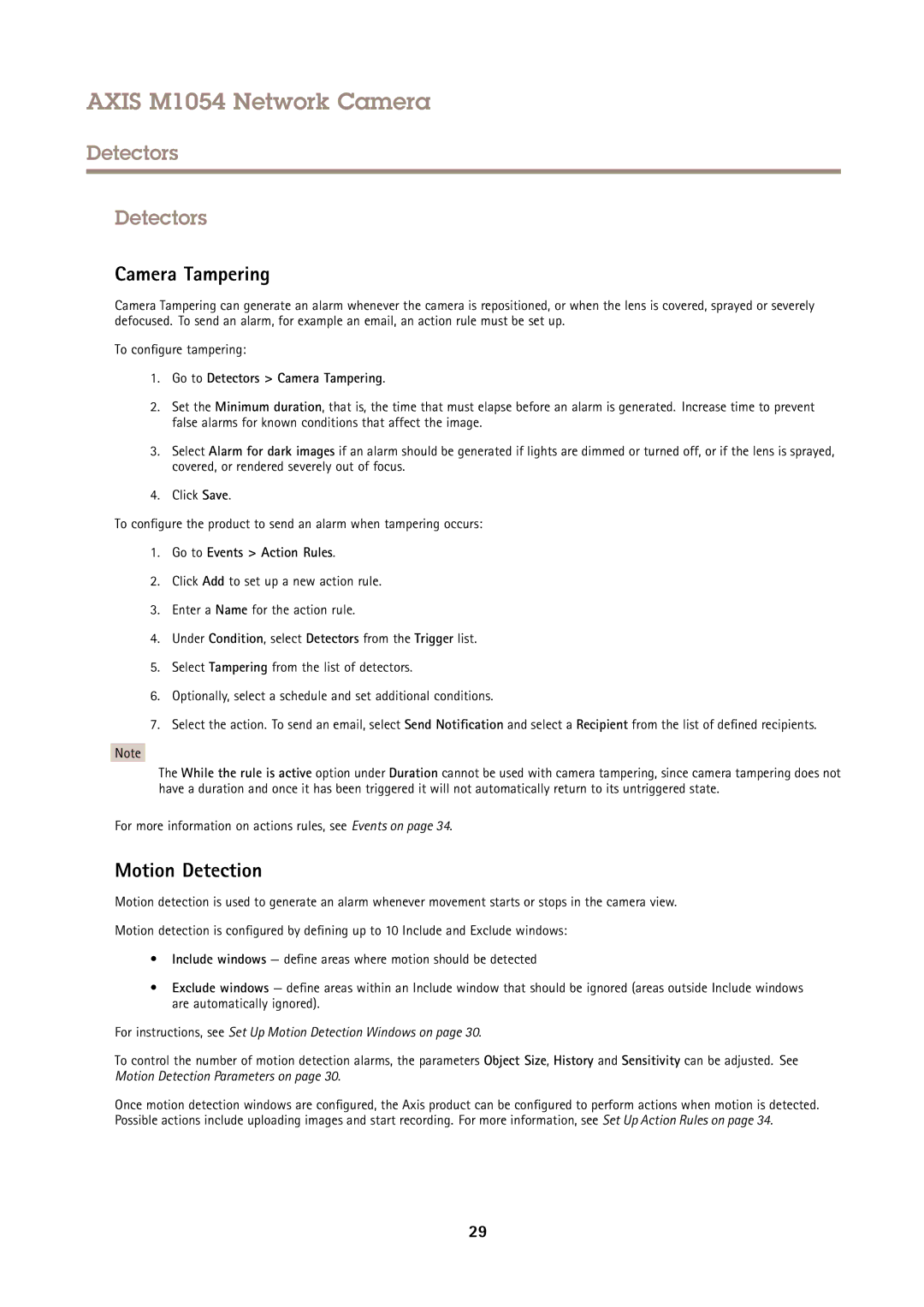 Axis Communications M1054 user manual Motion Detection, Go to Detectors Camera Tampering 