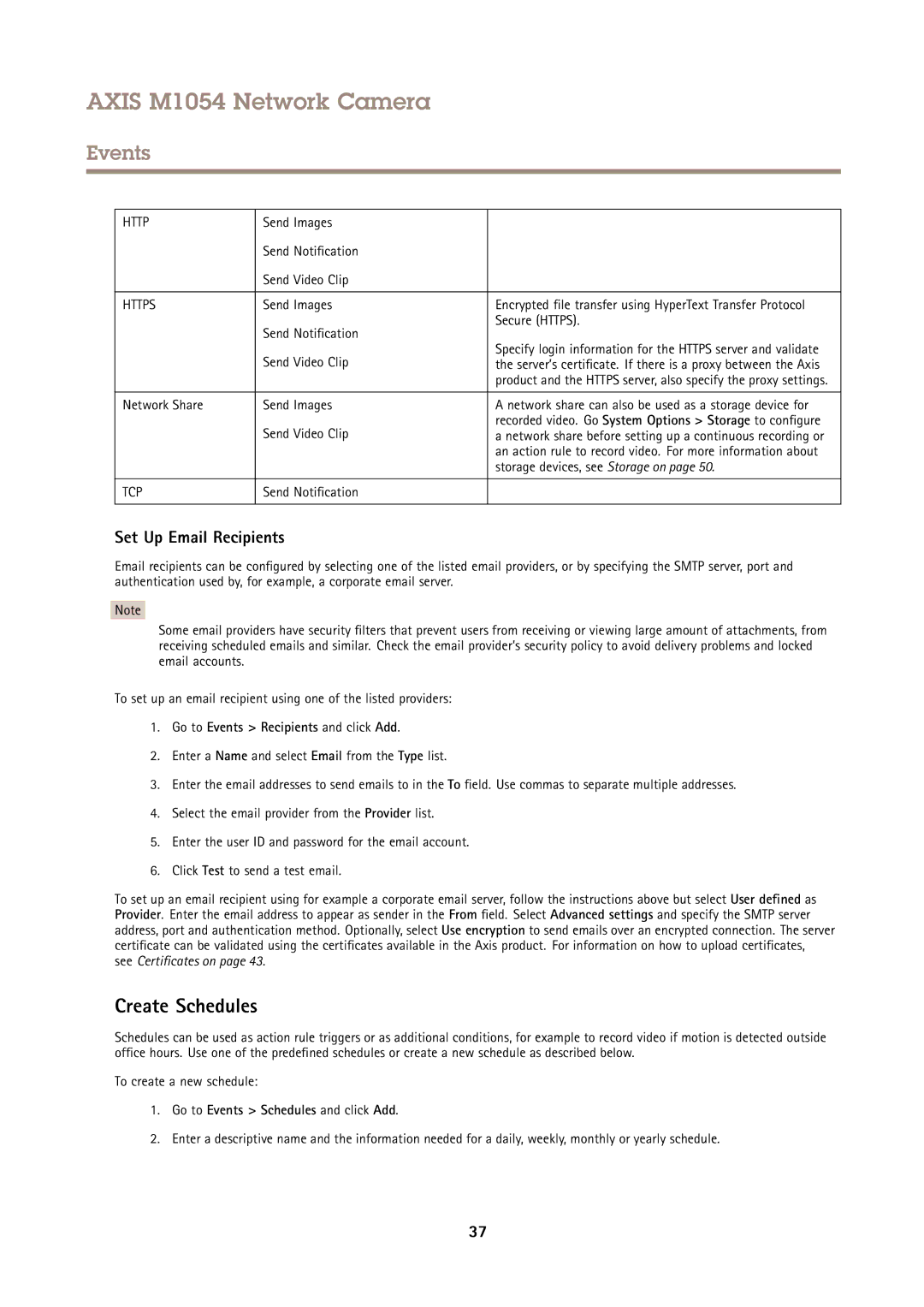 Axis Communications M1054 user manual Create Schedules, Set Up Email Recipients, Go to Events Schedules and click Add 