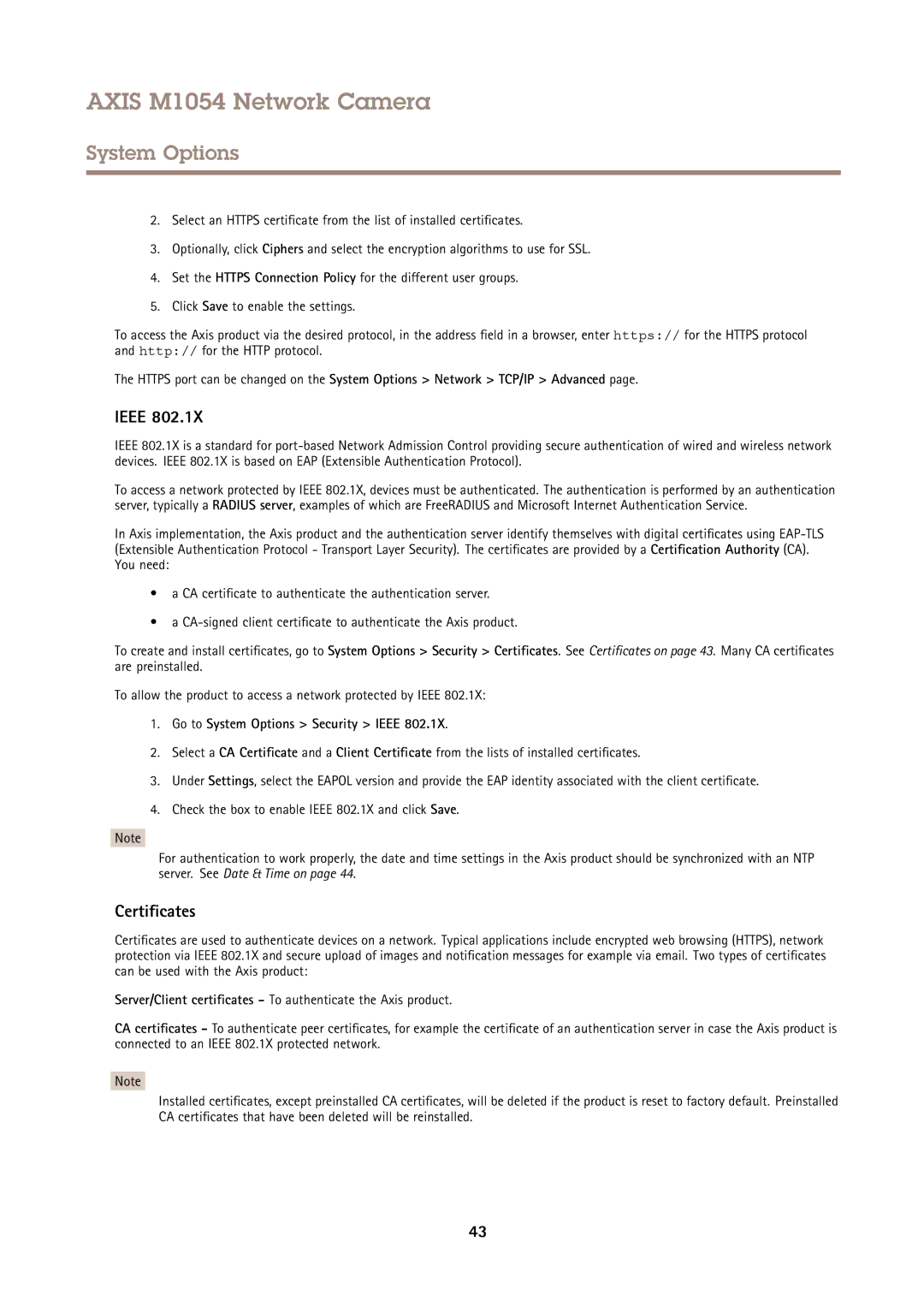 Axis Communications M1054 user manual Certificates, Go to System Options Security Ieee 