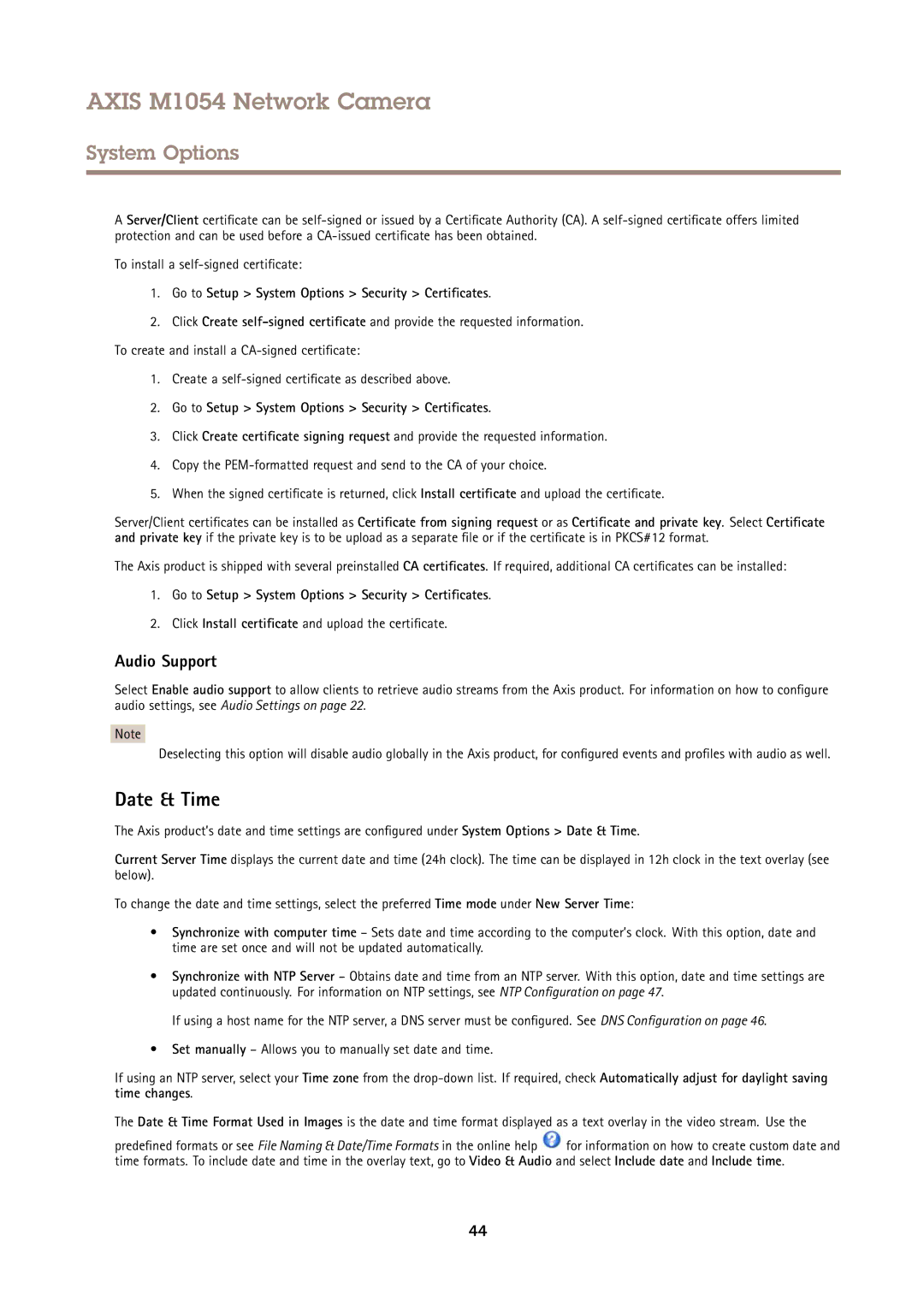 Axis Communications M1054 user manual Date & Time, Audio Support, Go to Setup System Options Security Certificates 