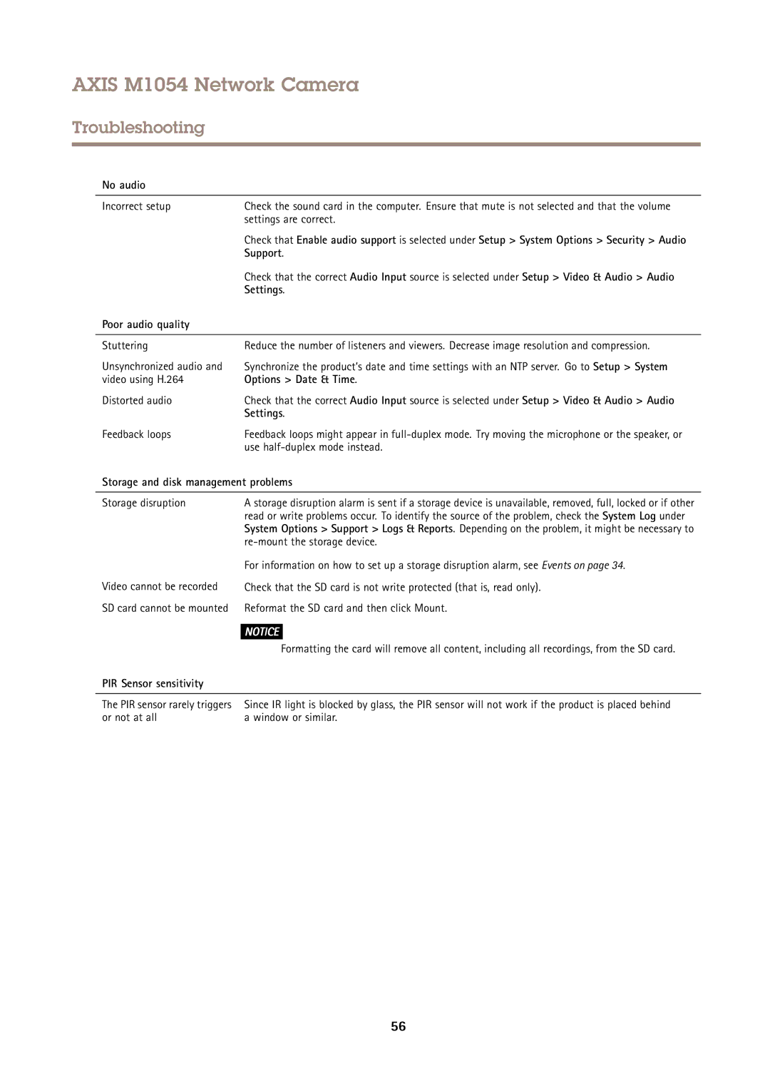 Axis Communications M1054 user manual No audio, Settings, Poor audio quality, Options Date & Time, PIR Sensor sensitivity 