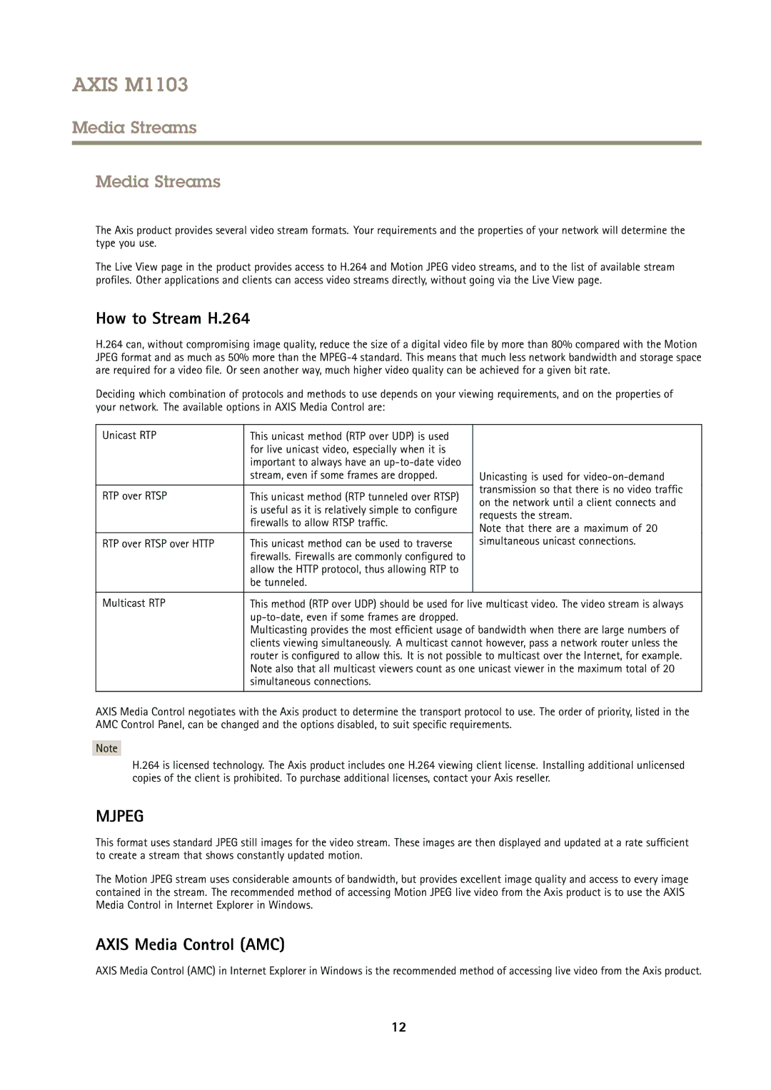 Axis Communications M1103 user manual Media Streams, How to Stream H.264, Axis Media Control AMC 