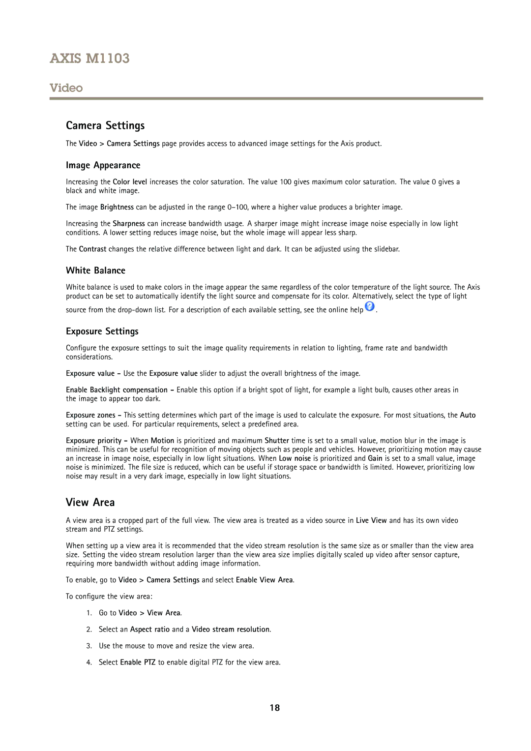 Axis Communications M1103 user manual Camera Settings, View Area, Image Appearance, White Balance, Exposure Settings 