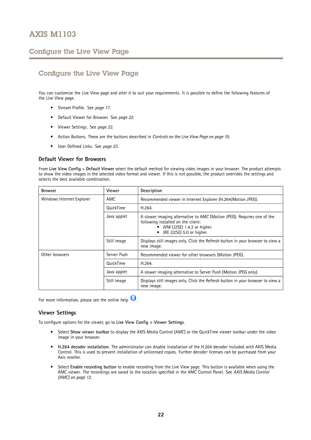 Axis Communications M1103 user manual Configure the Live View, Default Viewer for Browsers, Viewer Settings 