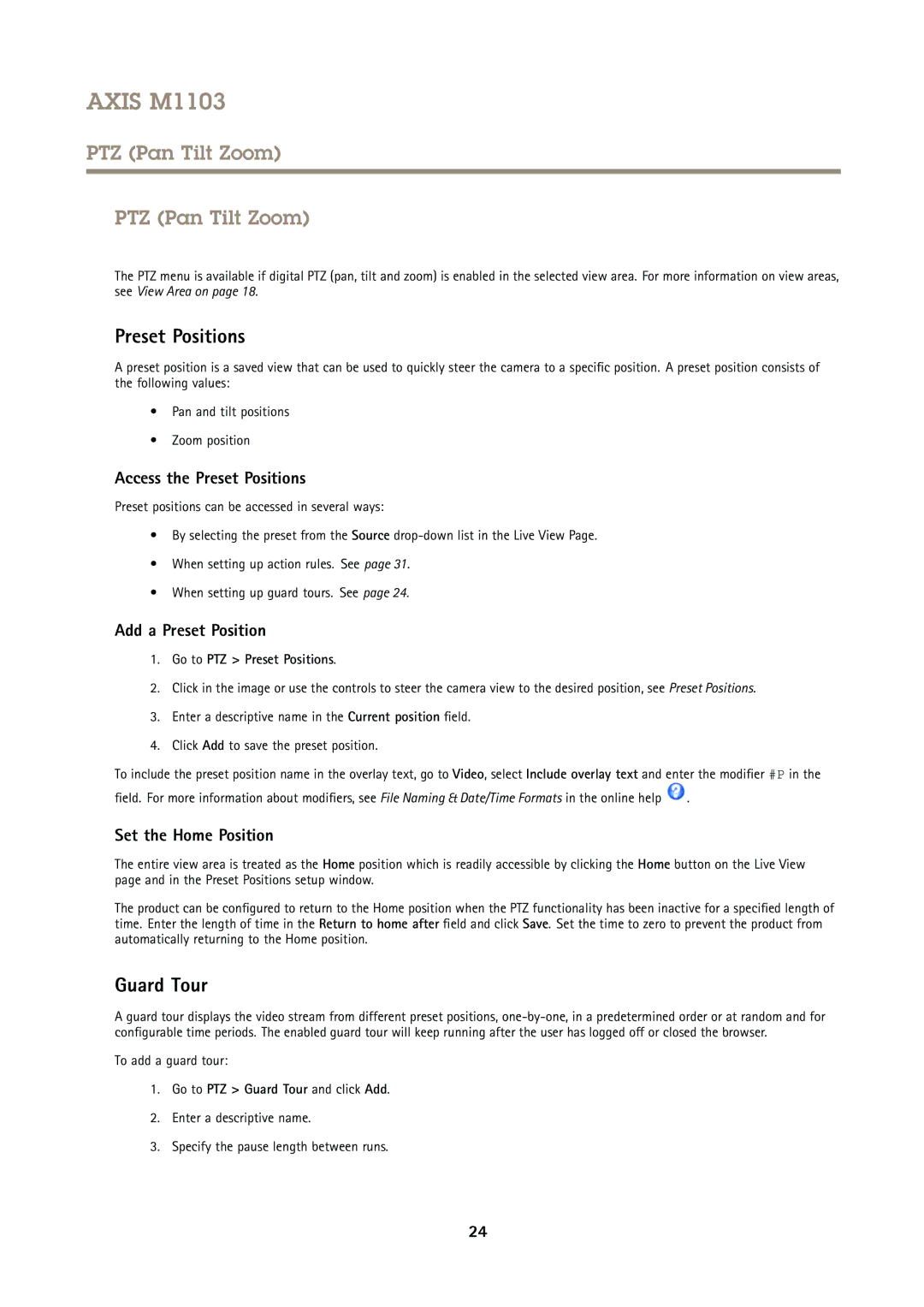 Axis Communications M1103 user manual PTZ Pan Tilt Zoom, Preset Positions, Guard Tour 