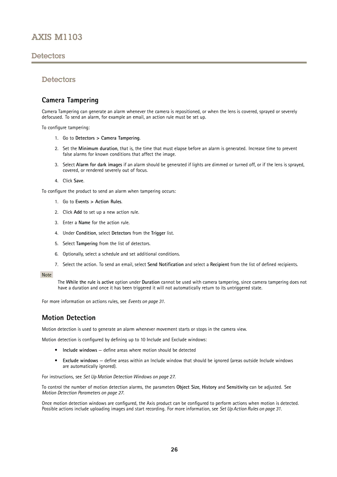 Axis Communications M1103 user manual Motion Detection, Go to Detectors Camera Tampering 