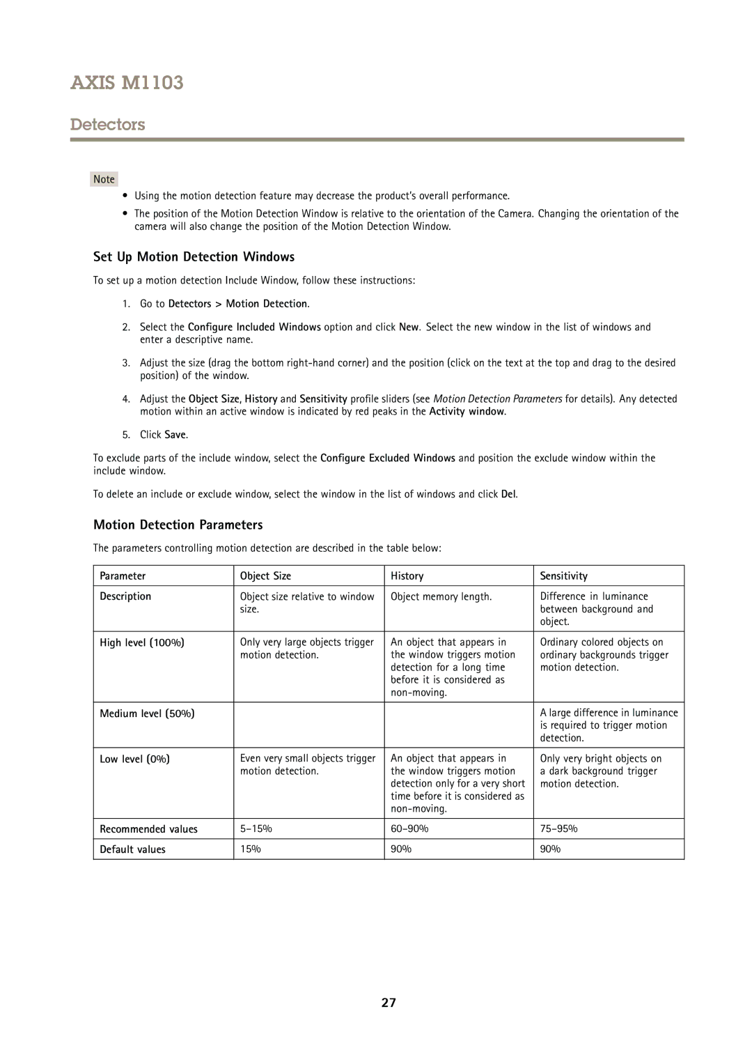 Axis Communications M1103 user manual Set Up Motion Detection Windows, Motion Detection Parameters 