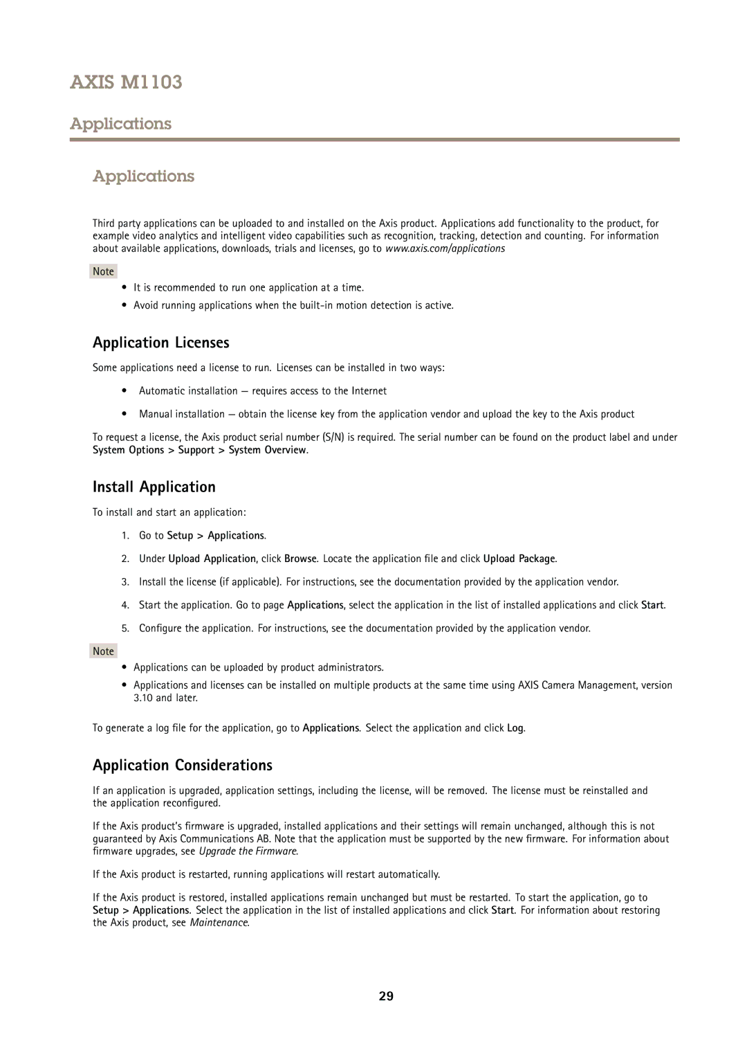 Axis Communications M1103 user manual Applications, Application Licenses, Install Application, Application Considerations 