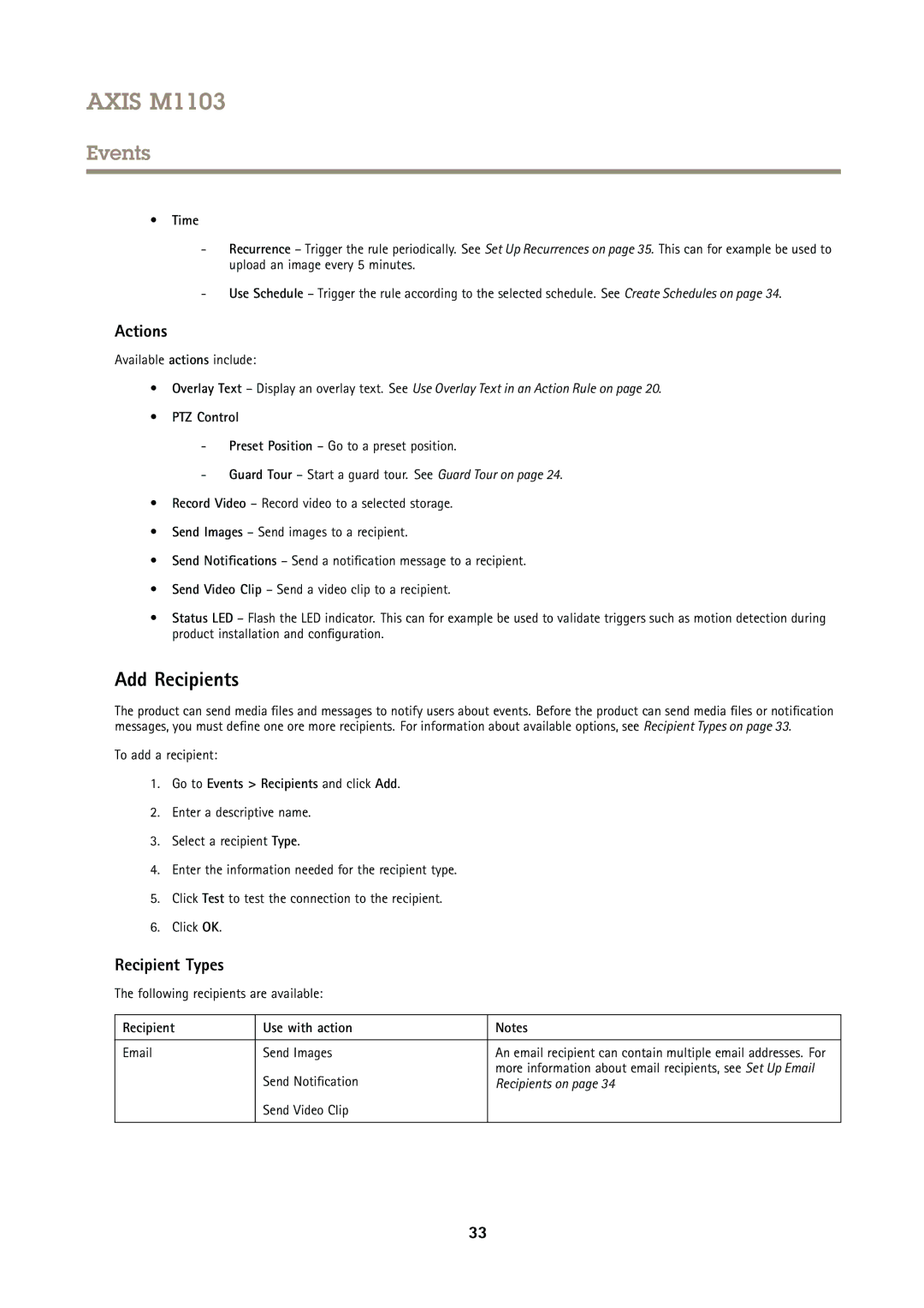 Axis Communications M1103 user manual Add Recipients, Actions, Recipient Types 