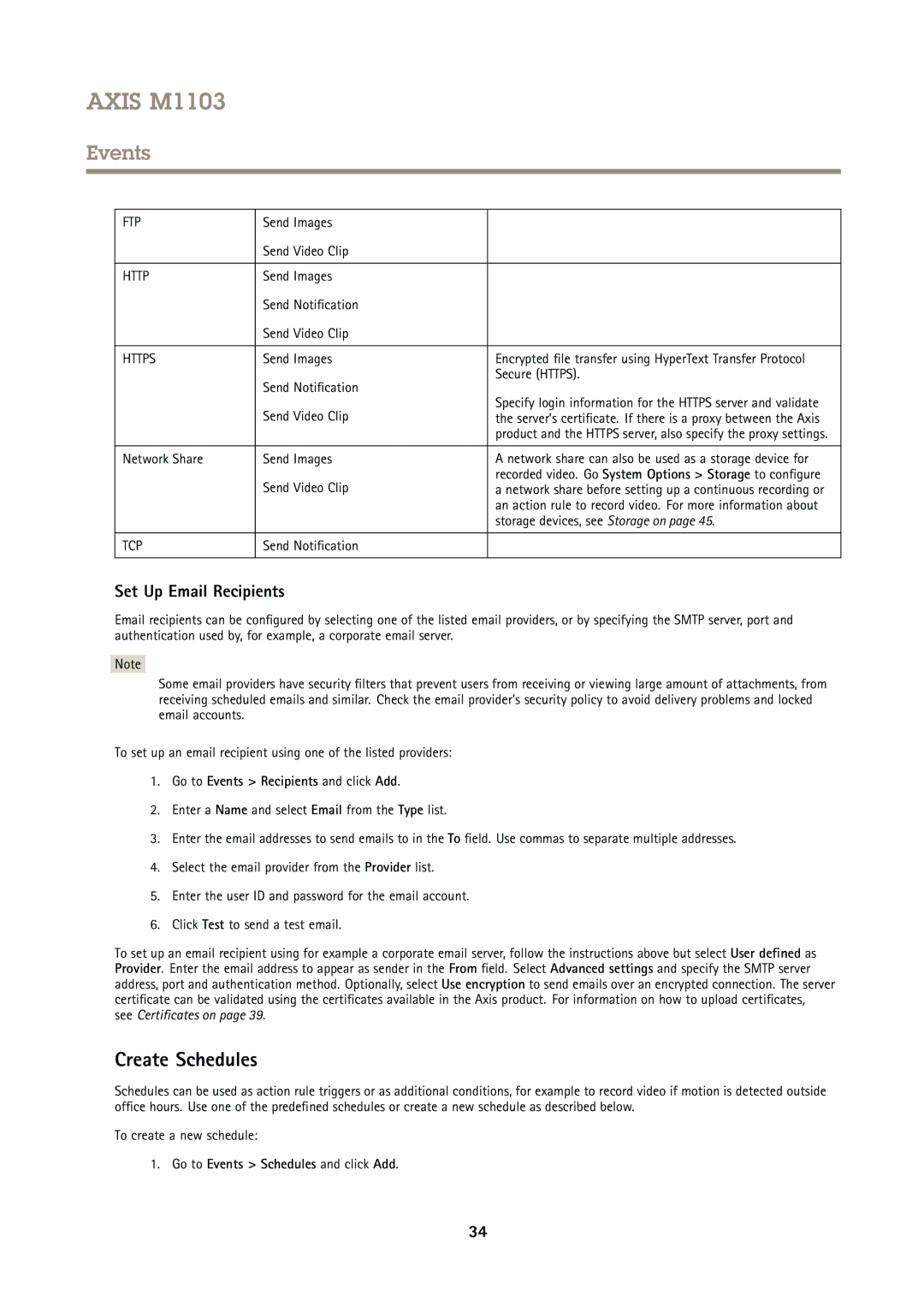 Axis Communications M1103 user manual Create Schedules, Set Up Email Recipients, Go to Events Schedules and click Add 