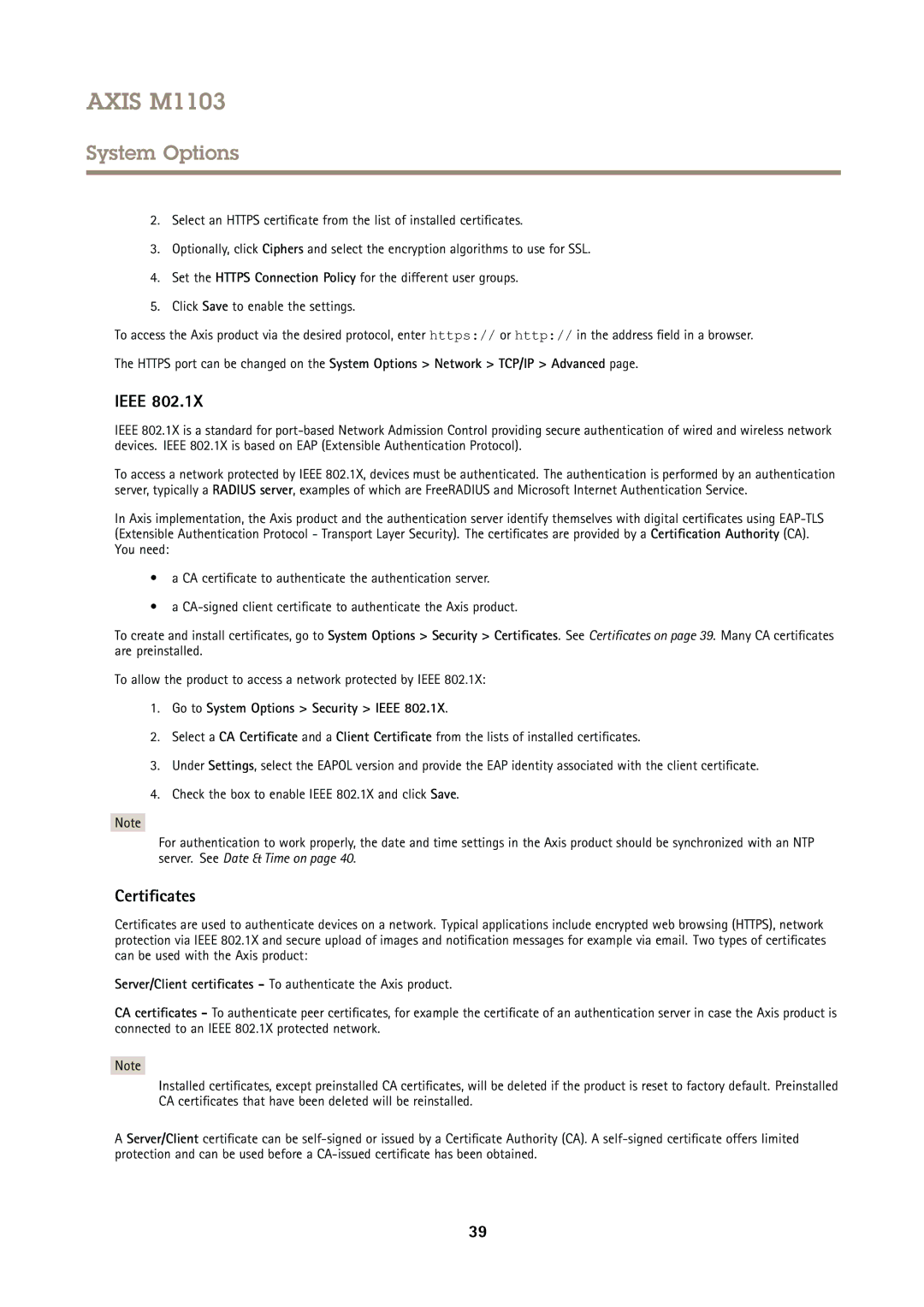 Axis Communications M1103 user manual Certificates, Go to System Options Security Ieee 