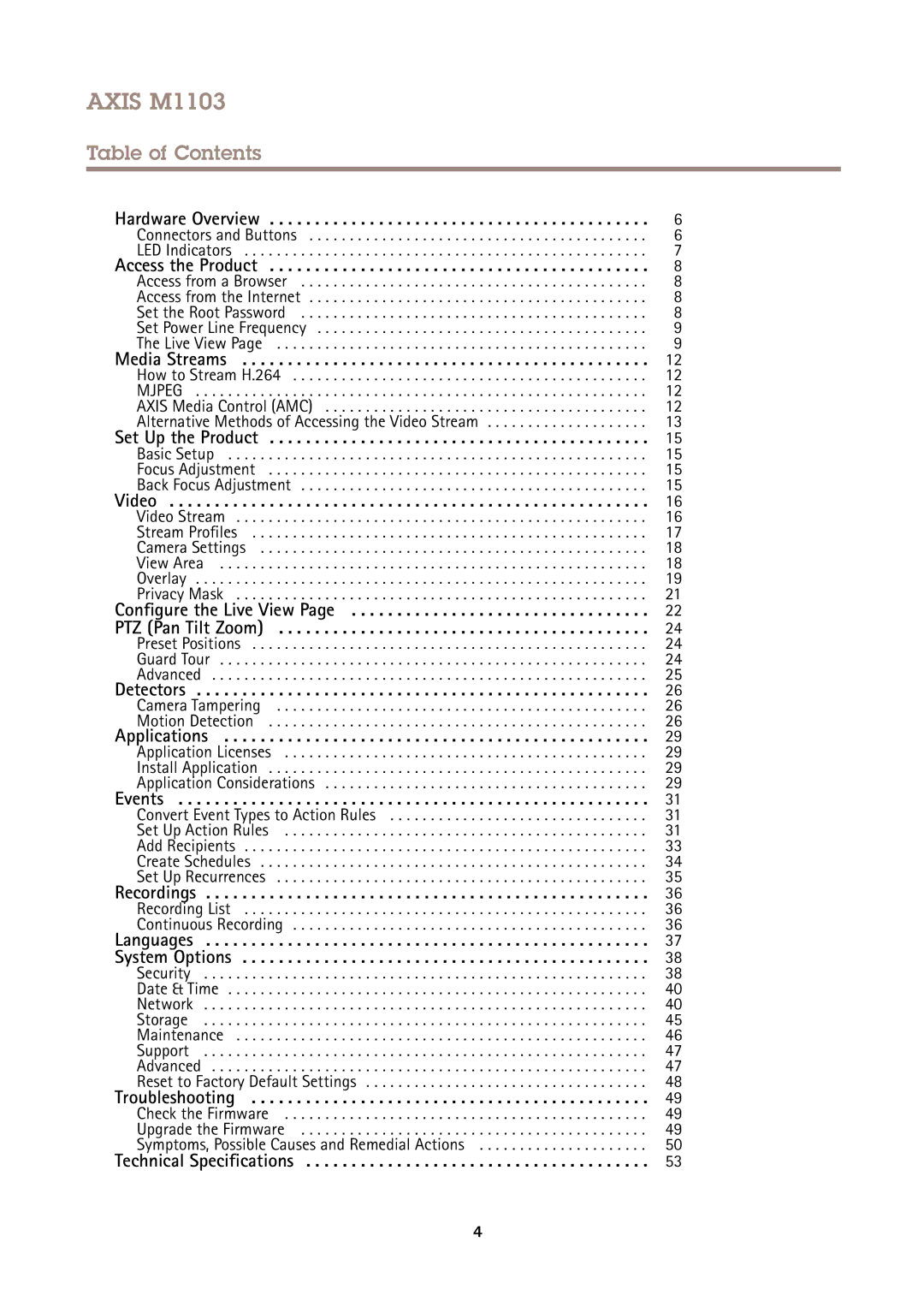 Axis Communications user manual Axis M1103, Table of Contents 