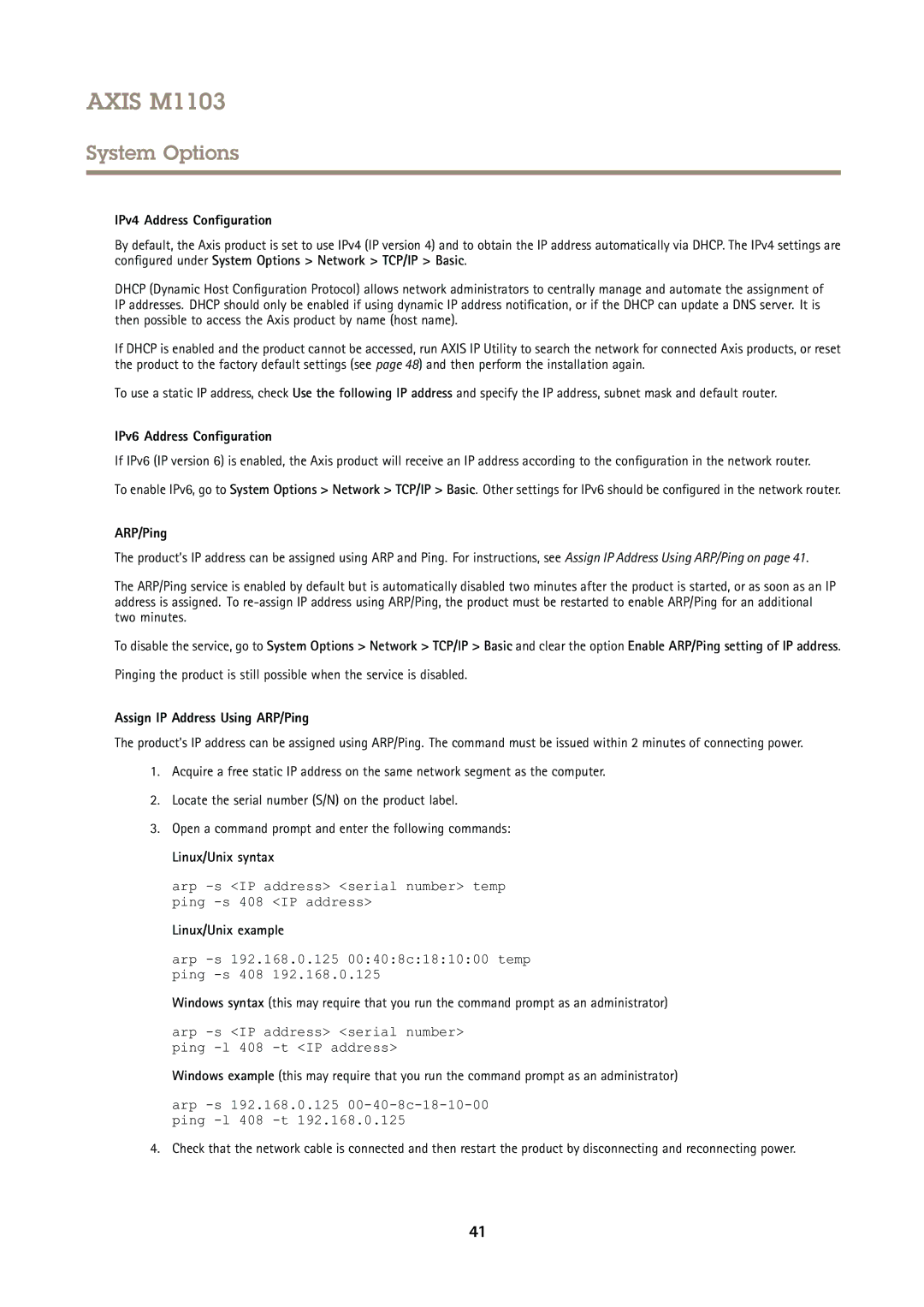 Axis Communications M1103 user manual IPv4 Address Configuration, IPv6 Address Configuration, ARP/Ping, Linux/Unix syntax 