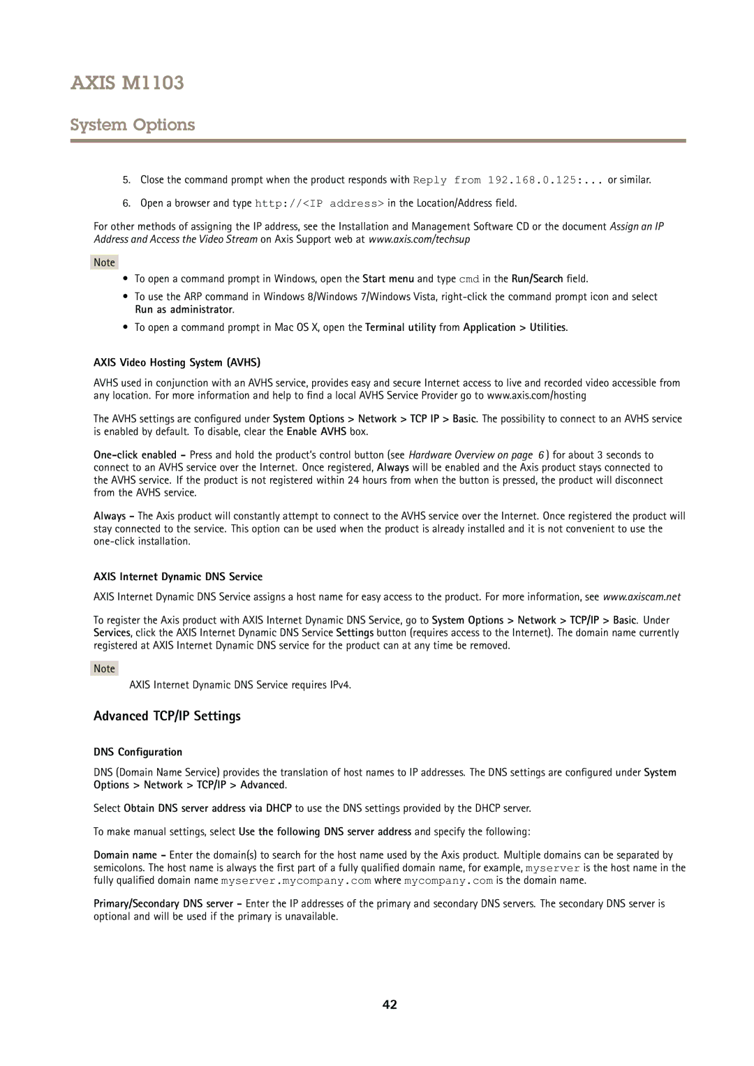 Axis Communications M1103 Advanced TCP/IP Settings, Axis Video Hosting System Avhs, Axis Internet Dynamic DNS Service 