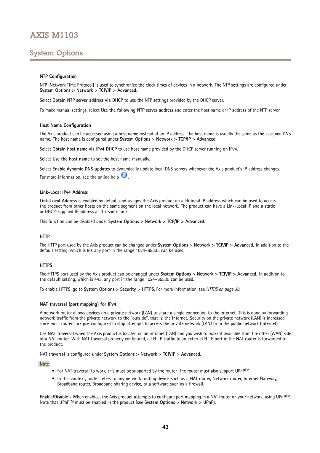 Axis Communications M1103 user manual NTP Configuration, Host Name Configuration, Link-Local IPv4 Address 