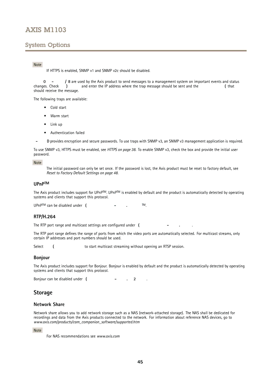 Axis Communications M1103 user manual Storage, UPnPTM, RTP/H.264, Bonjour, Network Share 