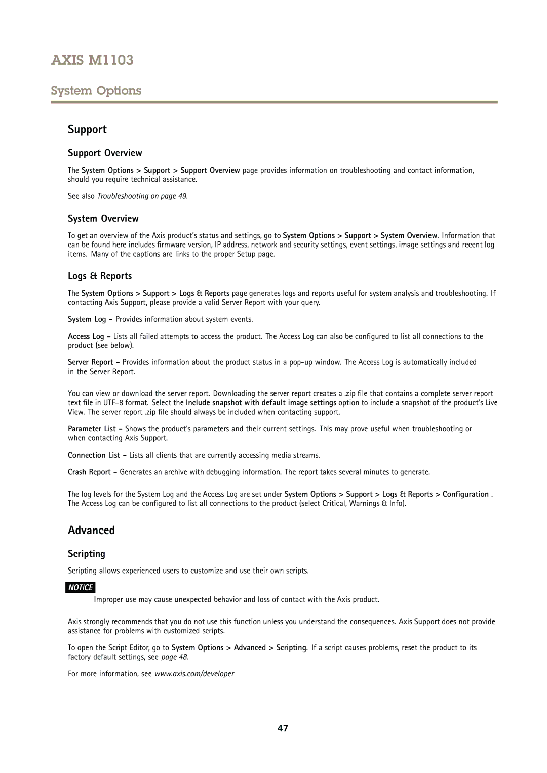 Axis Communications M1103 user manual Support Overview, System Overview, Logs & Reports, Scripting 