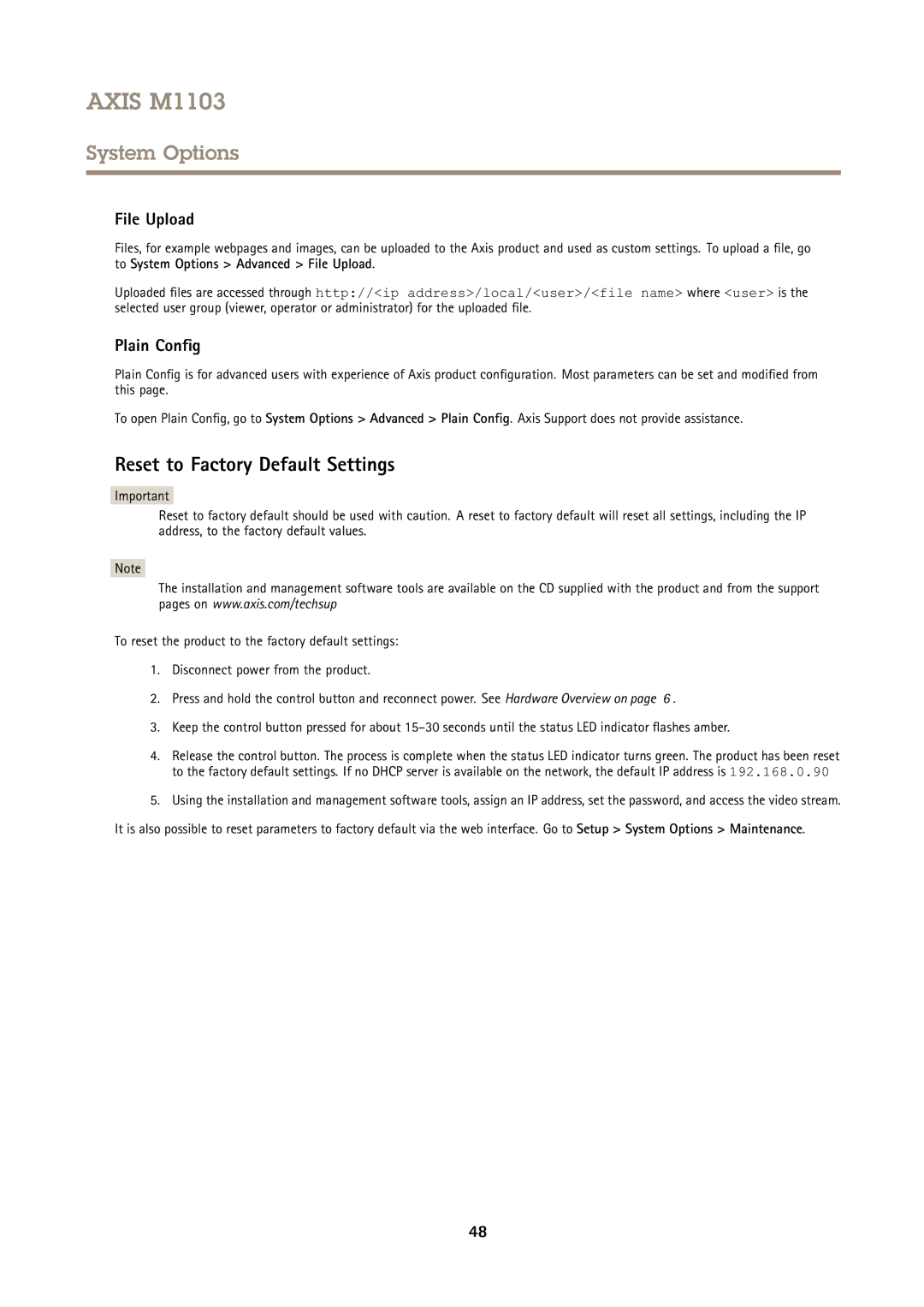 Axis Communications M1103 user manual Reset to Factory Default Settings, File Upload, Plain Config 